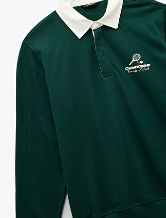 Regular Fit Renk Kontrastlı Çizgili Polo Yaka Baskılı Sweatshirt