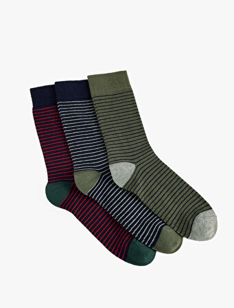 Çok Renkli Çizgili Pamuklu 3'lü Soket Çorap Seti