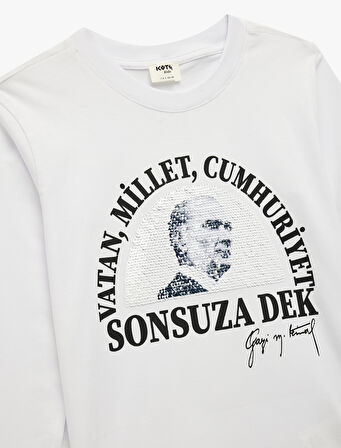 Pullu Payetli Uzun Kollu Bisiklet Yaka Atatürk Baskılı Pamuklu Tişört