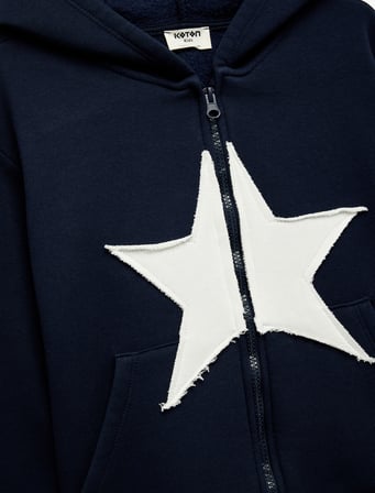 Uzun Kollu Yıldız Desenli Fermuarlı Şardonlu Kapşonlu  Sweatshirt
