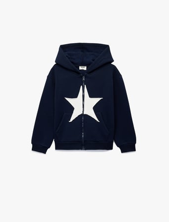 Uzun Kollu Yıldız Desenli Fermuarlı Şardonlu Kapşonlu  Sweatshirt