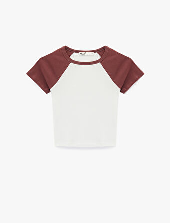 Slim Fit Pamuklu Renk Bloklu Kısa Kollu Bisiklet Yaka Crop Tişört Pijama Üstü