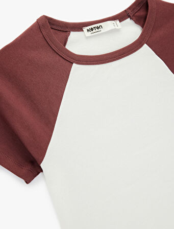 Slim Fit Pamuklu Renk Bloklu Kısa Kollu Bisiklet Yaka Crop Tişört Pijama Üstü