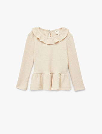 Fırfır Detaylı Uzun Kollu Bisiklet Yaka Tişört