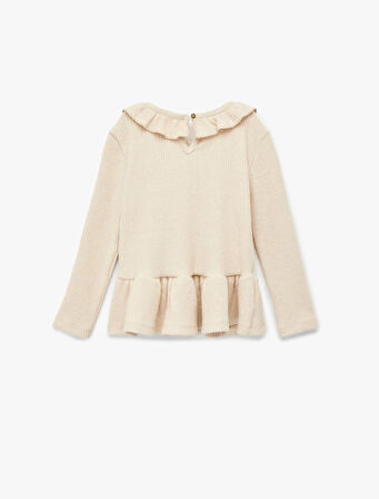 Fırfır Detaylı Uzun Kollu Bisiklet Yaka Tişört