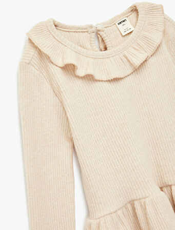 Fırfır Detaylı Uzun Kollu Bisiklet Yaka Tişört