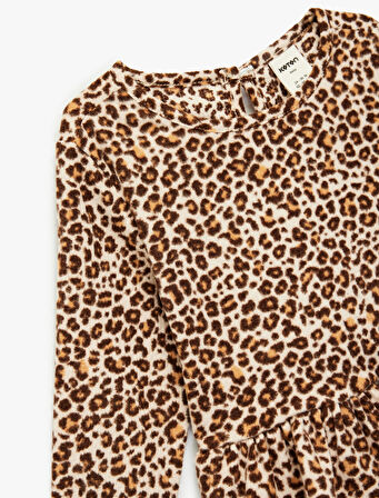 Leopar Desenli Uzun Kollu Bisiklet Yaka Tişört