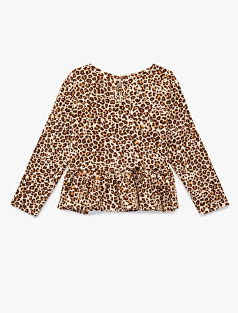 Leopar Desenli Uzun Kollu Bisiklet Yaka Tişört