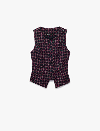 Slim Fit Bisiklet Yaka Düğmeli Desenli Yelek