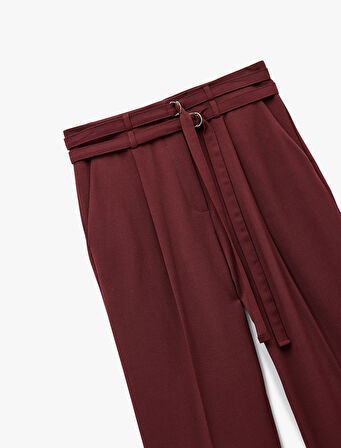 Cepli Çift Kemer Detaylı Düz Bol Paça Kumaş Pantolon