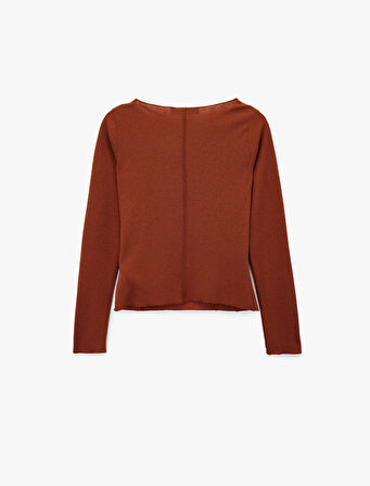 Slim Fit Uzun Kollu Kayık Yuvarlak Yaka Dikiş Detaylı Tişört