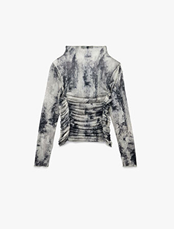 Slim Fit Uzun Kollu Geniş Dik Yaka Drape Detaylı Desenli Tişört