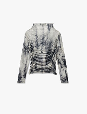 Slim Fit Uzun Kollu Geniş Dik Yaka Drape Detaylı Desenli Tişört