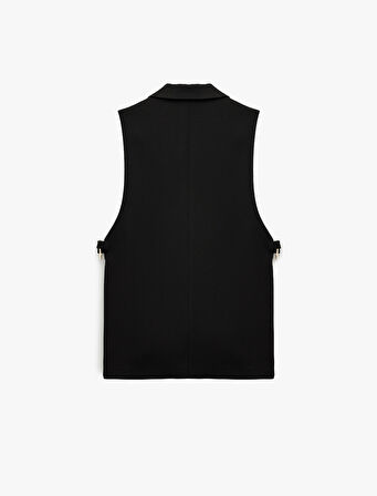 Geniş Yaka Metal Aksesuar Detaylı Düğmeli Kolsuz Yelek