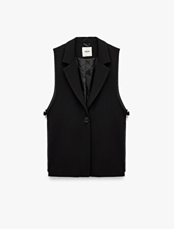 Geniş Yaka Metal Aksesuar Detaylı Düğmeli Kolsuz Yelek