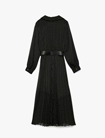 Düğmeli Kemer Detaylı Uzun Kollu Midi Pileli Puantiyeli Gömlek Elbise