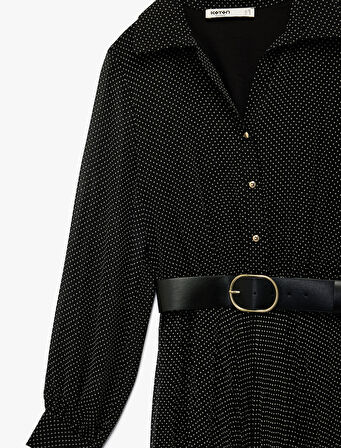 Düğmeli Kemer Detaylı Uzun Kollu Midi Pileli Puantiyeli Gömlek Elbise