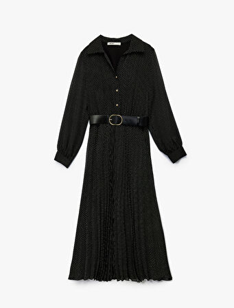 Düğmeli Kemer Detaylı Uzun Kollu Midi Pileli Puantiyeli Gömlek Elbise