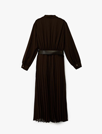 Düğmeli Kemer Detaylı Uzun Kollu Midi Gömlek Elbise