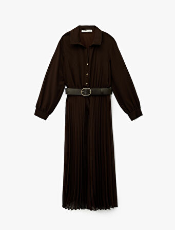 Düğmeli Kemer Detaylı Uzun Kollu Midi Gömlek Elbise