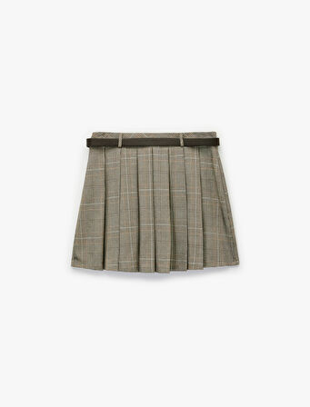 Viskon Karışımlı Kemer Detaylı Kalın Pileli Ekoseli Mini Etek