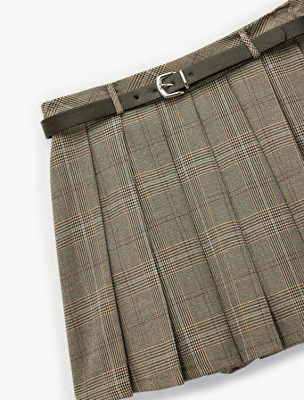 Viskon Karışımlı Kemer Detaylı Kalın Pileli Ekoseli Mini Etek