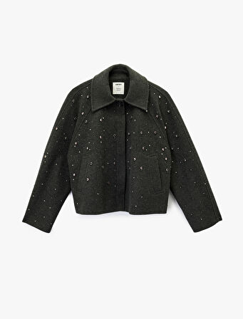 Koton X Melis Ağazat - Uzun Kollu Cepli Düğmeli Taşlı Kaşe Ceket