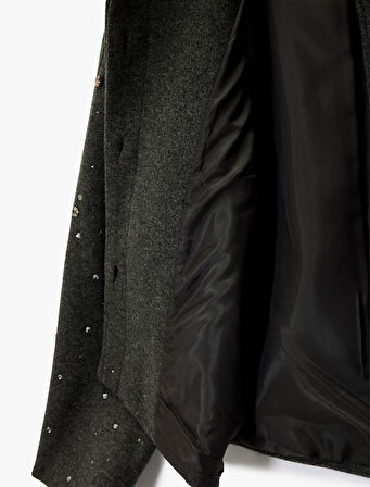 Koton X Melis Ağazat - Uzun Kollu Cepli Düğmeli Taşlı Kaşe Ceket