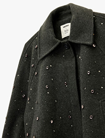 Koton X Melis Ağazat - Uzun Kollu Cepli Düğmeli Taşlı Kaşe Ceket