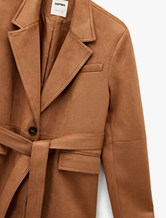 Uzun Kollu Düğmeli Cepli Kemerli Süet Görünümlü Ceket