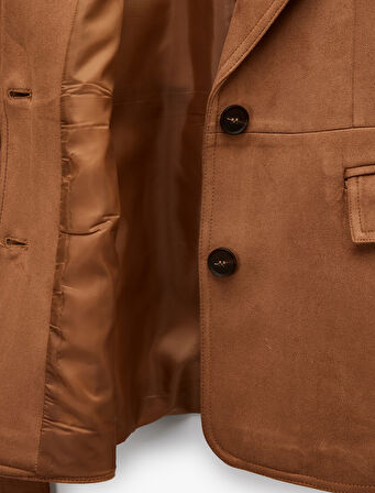 Uzun Kollu Düğmeli Cepli Kemerli Süet Görünümlü Ceket