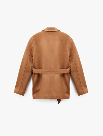 Uzun Kollu Düğmeli Cepli Kemerli Süet Görünümlü Ceket