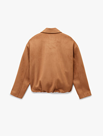 Uzun Kollu Cepli Oversize Suni Süet Bomber Ceket