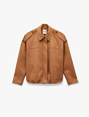 Uzun Kollu Cepli Oversize Suni Süet Bomber Ceket