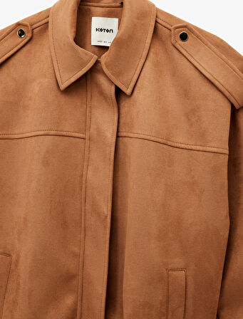 Uzun Kollu Cepli Oversize Suni Süet Bomber Ceket