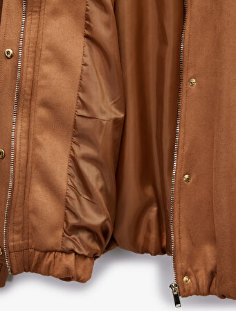 Uzun Kollu Cepli Oversize Suni Süet Bomber Ceket