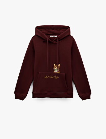 Şardonlu Kanguru Cepli Kapüşonlu Kedi İşlemeli Sweatshirt