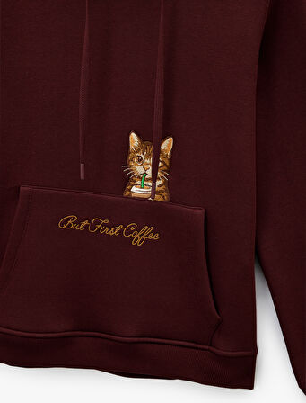 Şardonlu Kanguru Cepli Kapüşonlu Kedi İşlemeli Sweatshirt