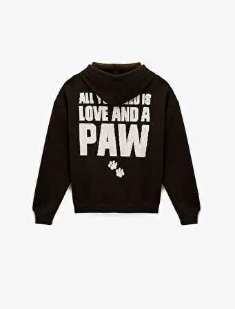  Kapüşonlu Fermuarlı Arkası Kedi Baskılı Kanguru Cepli Oversize Sweatshirt