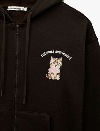  Kapüşonlu Fermuarlı Arkası Kedi Baskılı Kanguru Cepli Oversize Sweatshirt