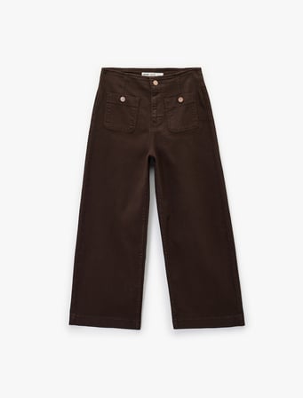 Yüksek Bel Rahat Kalıp Düğmeli Cep Detaylı Geniş Paça Pantolon - Culotte Jeans