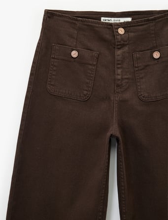 Yüksek Bel Rahat Kalıp Düğmeli Cep Detaylı Geniş Paça Pantolon - Culotte Jeans