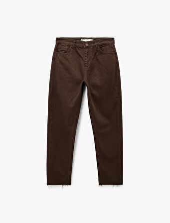 Düğmeli Cepli Yüksek Bel Pamuklu Düz Paça Mom Jean Pantolon -  Mom Jeans