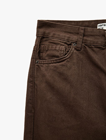 Düğmeli Cepli Yüksek Bel Pamuklu Düz Paça Mom Jean Pantolon -  Mom Jeans