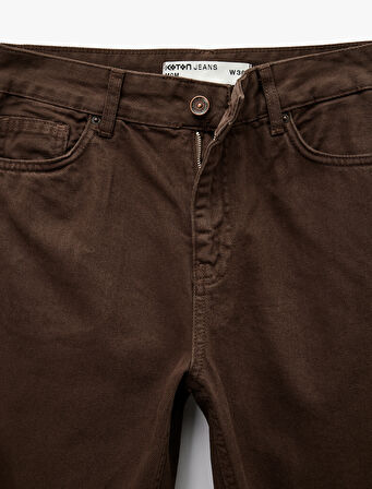 Düğmeli Cepli Yüksek Bel Pamuklu Düz Paça Mom Jean Pantolon -  Mom Jeans