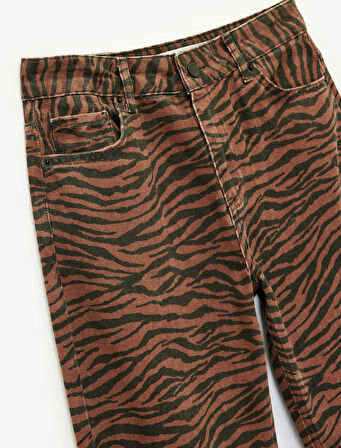 Normal Bel Düğmeli Düz Paça Zebra Desenli Jean Pantolon - Straight Fit Jean