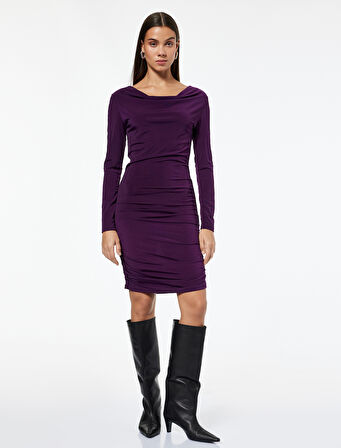 Slim Fit Uzun Kollu Degaje Yaka Drape Detaylı Mini Elbise