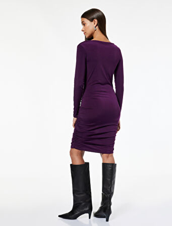 Slim Fit Uzun Kollu Degaje Yaka Drape Detaylı Mini Elbise