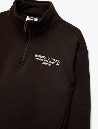 Uzun Kollu Şardonlu Yarım Fermuarlı Dik Yaka Sweatshirt