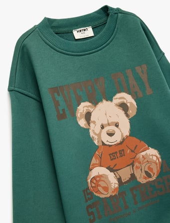 Üç İplik Ayıcık Baskılı Uzun Kollu Bisiklet Yaka Sweatshirt